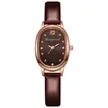 Details von ovalem Gehäuse in Roségold mit braunem Lederband und Diamant-Zifferblatt - Kaffeebraun