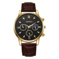 Close-up of Geneva business watch showing gold case, black dial with Roman numerals - Black Dial Brown Strap