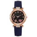 Details einer roségoldenen Uhr mit Strass-Lünette und blauem Sternenhimmel-Zifferblatt - Schwarz
