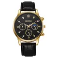 Detail view of the Geneva men's watch featuring a golden case and black dial with Roman numerals - Black Dial Black Strap