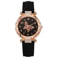 Reloj para mujer con esfera de mariposa oro rosa y correa de cuero negro con mate - Negro