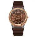 Damen Silikonuhr mit Strasssteinen, Roségold-Lünette und braunem Wellenarmband - Kaffeebraun