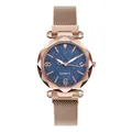 Detail of rose gold starry sky quartz watch with faceted glass and mesh strap - Blue