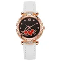 Detail of rose gold rhinestone bezel watch with starry dial and white leather strap - White