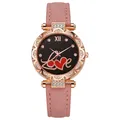 Detail of starry sky watch face with Love text, rose gold casing, and pink leather strap - Pink