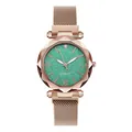 Detail of rose gold mesh band watch with green starry dial and diamond-cut glass - Green