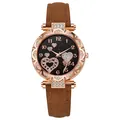 Detailansicht einer Damen-Roségolduhr mit Sternherz-Zifferblatt und braunem Lederarmband - Kaffeebraun