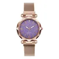 Detail of starry purple dial quartz watch with rose gold mesh magnetic strap - Purple