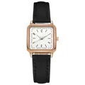 Elegante reloj de cuarzo rectangular con caja de oro rosa, esfera blanca y correa de cuero negro - Negro y Blanco