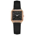 Detalle de un reloj vintage cuadrado para mujer con correa de cuero negro y caja de oro rosa - Negro