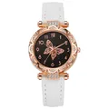 Reloj de mujer oro rosa con correa de cuero blanca y esfera de mariposa estrella brillante - Blanco