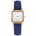 Detalle de reloj cuadrado de oro rosa con correa de cuero azul oscuro y esfera blanca - Azul
