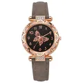 Reloj de mujer oro rosa con esfera de mariposa estrellada y correa de cuero gris - Gris