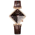 Montre à quartz élégante pour femme avec verre taillé, boîtier rose doré et bracelet brun - Marron