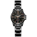 Détail d'un chronographe en acier inoxydable noir avec index et aiguilles en or rose - Modèle Femme Cadran Noir