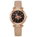 Reloj de cuarzo rosa para mujer con esfera de mariposa y decoración efecto cielo estrellado - Beige