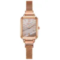 Detail of OUKI women's quartz watch featuring marble texture dial and rose gold mesh band - White