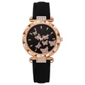 Elegante reloj de mariposa en oro rosa con correa de cuero negro y brillantes - Negro