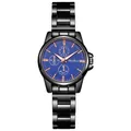 Détail de montre noire en acier, cadran bleu foncé, chronographes et aiguilles en or rose - Cadran Bleu Femme