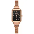 Macro detail of rectangle quartz watch with black textured dial and rose gold mesh strap - Black
