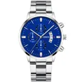 Men's steel watch with blue sunray dial and silver band showing date and chronograph - Silver Case Blue Dial Silver Hands