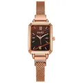 Detailed close-up of rose gold rectangular watch with brown wood texture dial and mesh strap - Brown