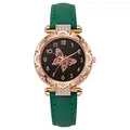 Reloj de mujer elegante con correa de cuero verde, esfera de mariposa oro rosa y strass - Verde