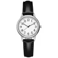 Primo piano di un orologio da donna al quarzo argento minimalista con cinturino in pelle nera - Nero