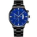 Men's black steel quartz watch with deep blue dial, date display and three sub-dials - Black Case Blue Dial Silver Hands