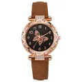 Reloj de cuarzo para mujer con esfera de mariposa oro rosa y correa de cuero marrón - Café