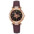 Reloj de cuarzo para mujer con esfera de mariposa oro rosa y correa de cuero morada - Púrpura