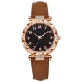 Orologio donna con lunetta strass oro rosa e cinturino in pelle opaca marrone - caffè