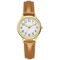Dettaglio dell'orologio al quarzo classico da donna con quadrante bianco e cinturino marrone - Marrone