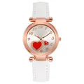 Detail of rose gold heart watch with white leather strap and silver dial numerals - White