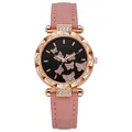 Reloj de mujer en oro rosa con mariposas rosas y correa de cuero rosa suave - Rosa