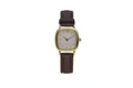 Dettaglio di orologio al quarzo vintage quadrato dorato con cinturino in pelle marrone - Cassa Oro Quadrante Bianco Cinturino Marrone