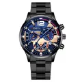 Detail of Geneva men's watch featuring a blue dial with rose gold hands and calendar window - Blue Black Band (Straight End)