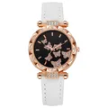 Reloj elegante para mujer con caja de oro rosa, esfera de mariposas y correa blanca - Blanco