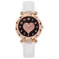 Reloj de mujer en oro rosa con corazón, correa de cuero blanco y cristales - Blanco