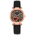 Retro mini heart watch for women with rose gold case and black leather strap - Black