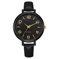 Classic vintage quartz watch with black leather strap and gold numerical indices - Black