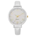 Detail of silver watch case with leather strap and golden numeral dial indicators - White