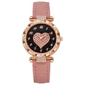 Reloj de cuarzo rosa con correa de cuero, esfera de corazón oro rosa y brillantes - Rosa
