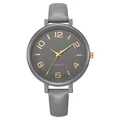 Detail shot of the gray quartz watch face with gold Arabic numerals and leather strap - Gray