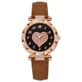 Orologio al quarzo da donna con cassa oro rosa, quadrante cuore stellato e cinturino marrone - caffè