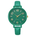 Detail of forest green leather strap and gold Arabic numeral dial on a quartz watch - Green