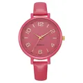 Close-up of rose red leather watch strap and gold quartz dial with classic numerals - Rose Red