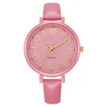 Detail view of pink leather strap and quartz dial with gold numerals for women - Pink