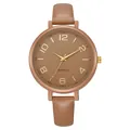 Macro detail of quartz watch with brown leather strap and rose gold numeral dial - Camel