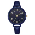 Close-up of a vintage navy blue quartz watch with gold numerals and leather strap - Blue